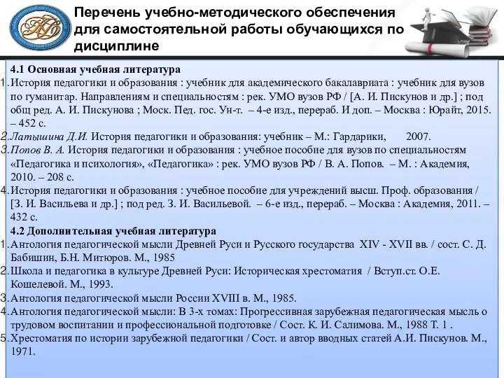 Перечень учебно-методического обеспечения для самостоятельной работы обучающихся по дисциплине 4.1