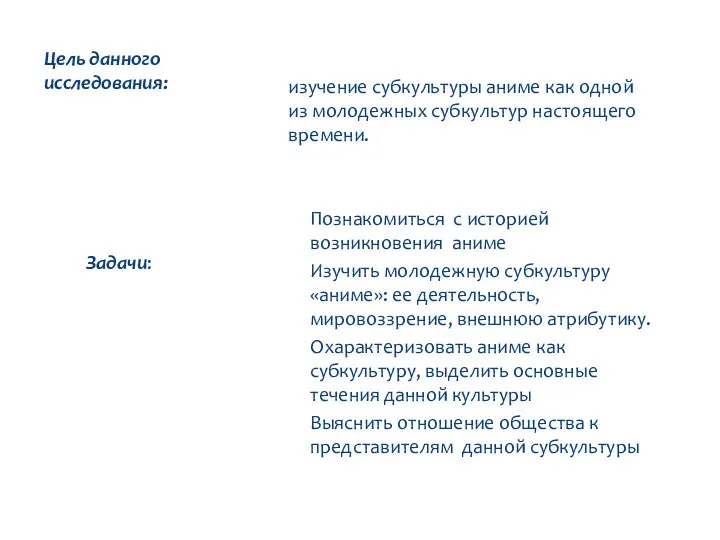 Цель данного исследования: Задачи: изучение субкультуры аниме как одной из