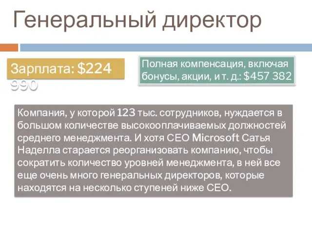 Генеральный директор Зарплата: $224 990 Полная компенсация, включая бонусы, акции,