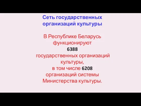 Сеть государственных организаций культуры В Республике Беларусь функционируют 6388 государственных