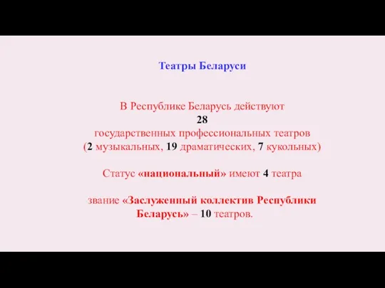 Театры Беларуси В Республике Беларусь действуют 28 государственных профессиональных театров