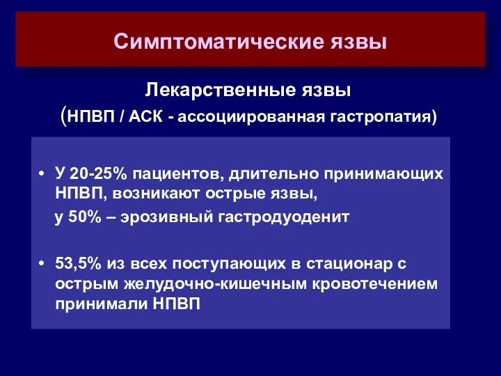 Лекарственные язвы (НПВП / АСК - ассоциированная гастропатия) У 20-25%