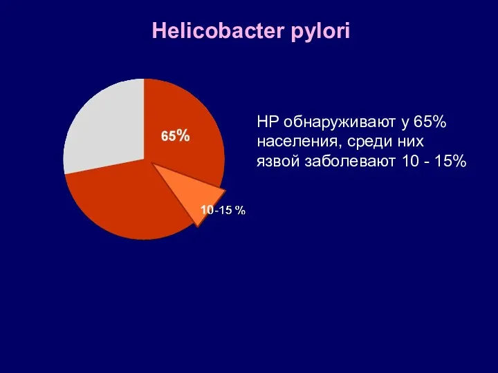 Helicobacter pylori НР обнаруживают у 65% населения, среди них язвой заболевают 10 - 15%