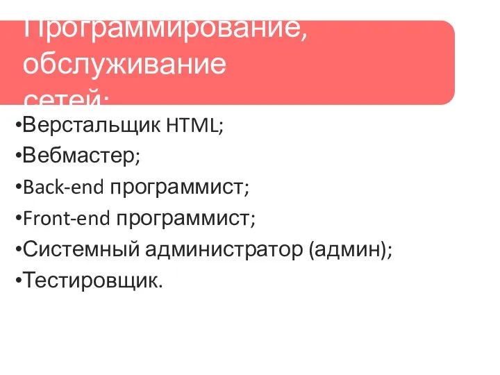 Верстальщик HTML; Вебмастер; Back-end программист; Front-end программист; Системный администратор (админ); Тестировщик. Программирование, обслуживание сетей: