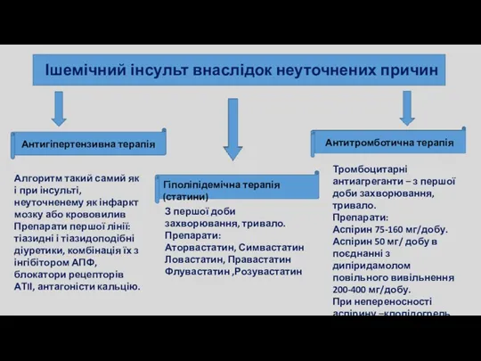 Ішемічний інсульт внаслідок неуточнених причин Антигіпертензивна терапія Гіполіпідемічна терапія (статини)