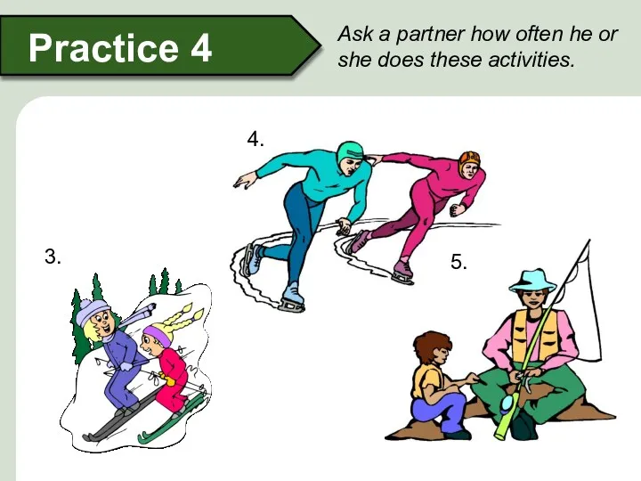 Ask a partner how often he or she does these activities. Practice 4 3. 4. 5.