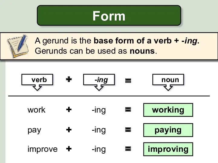 Form work improve -ing -ing = = working improving verb