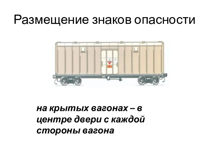 Размещение знаков опасности на крытых вагонах – в центре двери с каждой стороны вагона
