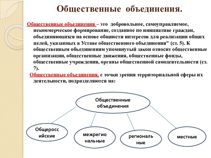 Общественные объединения. Общественные объединения – это добровольное, самоуправляемое, некоммерческое формирование,