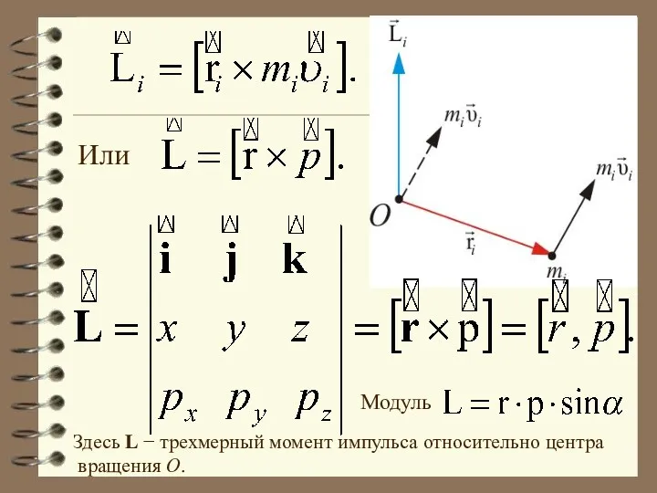 Или Здесь L − трехмерный момент импульса относительно центра вращения О. Модуль