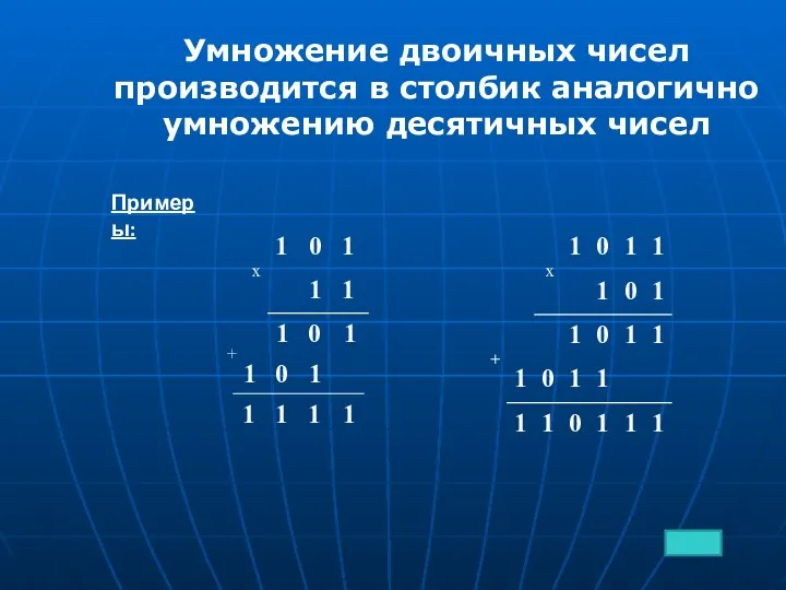 Примеры: Умножение двоичных чисел производится в столбик аналогично умножению десятичных чисел 1 0