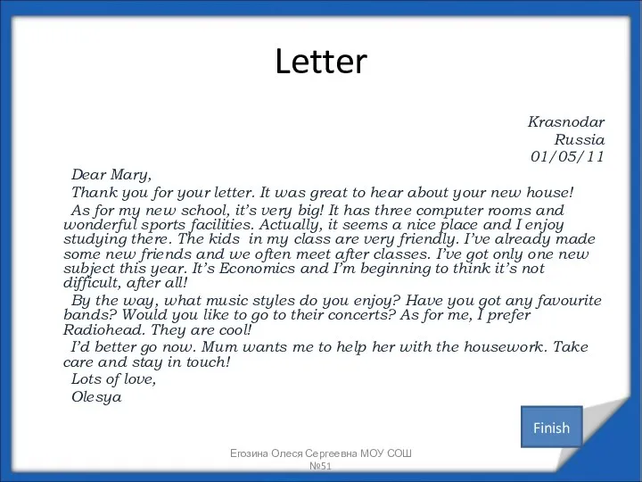 Letter Krasnodar Russia 01/05/11 Dear Mary, Thank you for your