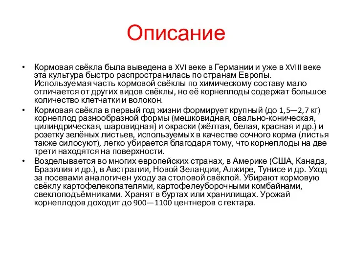 Описание Кормовая свёкла была выведена в XVI веке в Германии