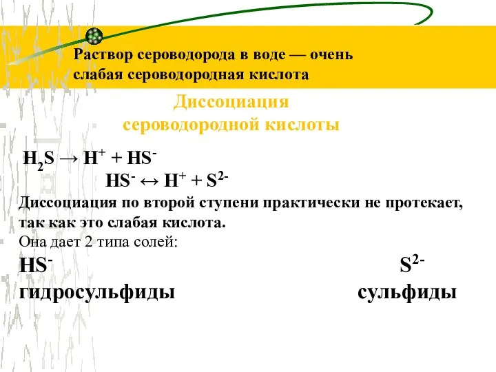 Раствор сероводорода в воде — очень слабая сероводородная кислота Диссоциация