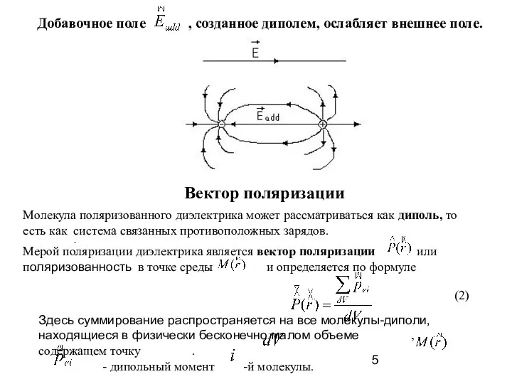 Добавочное поле , созданное диполем, ослабляет внешнее поле. Вектор поляризации