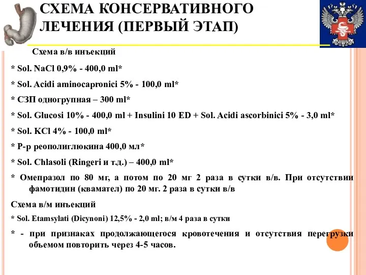 СХЕМА КОНСЕРВАТИВНОГО ЛЕЧЕНИЯ (ПЕРВЫЙ ЭТАП) Схема в/в инъекций * Sol.