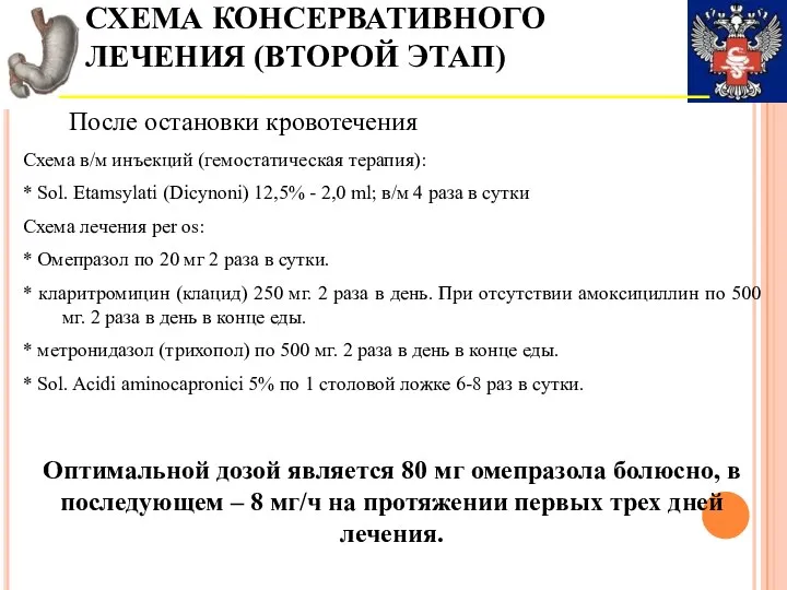 СХЕМА КОНСЕРВАТИВНОГО ЛЕЧЕНИЯ (ВТОРОЙ ЭТАП) После остановки кровотечения Схема в/м