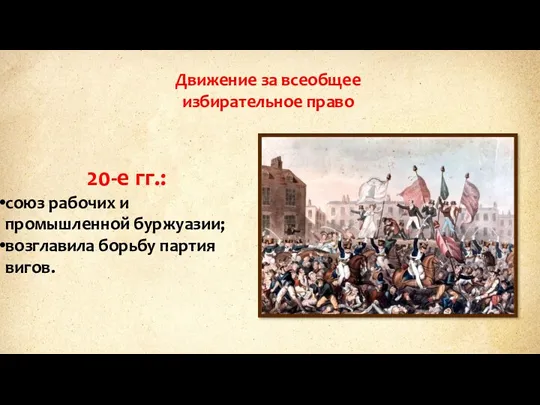 Движение за всеобщее избирательное право 20-е гг.: союз рабочих и промышленной буржуазии; возглавила борьбу партия вигов.