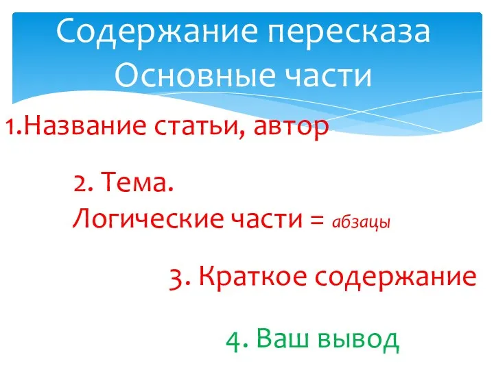 Содержание пересказа Основные части 1.Название статьи, автор, 2. Тема. Логические