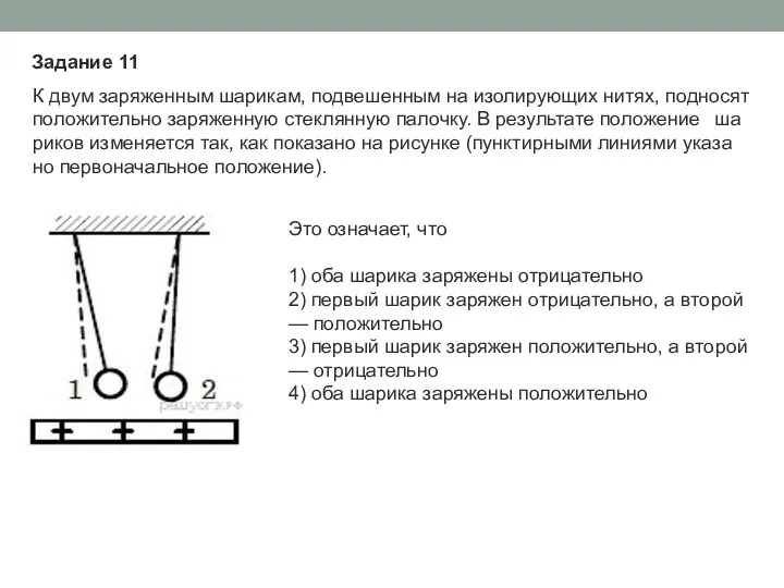 К двум за­ря­жен­ным шарикам, под­ве­шен­ным на изо­ли­ру­ю­щих нитях, под­но­сят по­ло­жи­тель­но