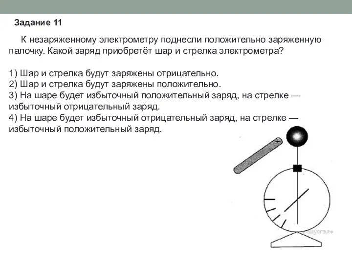 К незаряженному электрометру поднесли положительно заряженную палочку. Какой заряд приобретёт