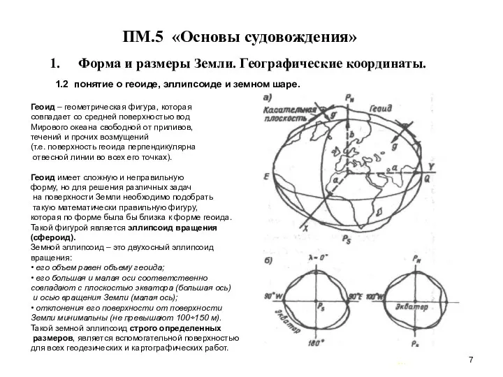 … . ПМ.5 «Основы судовождения» Форма и размеры Земли. Географические