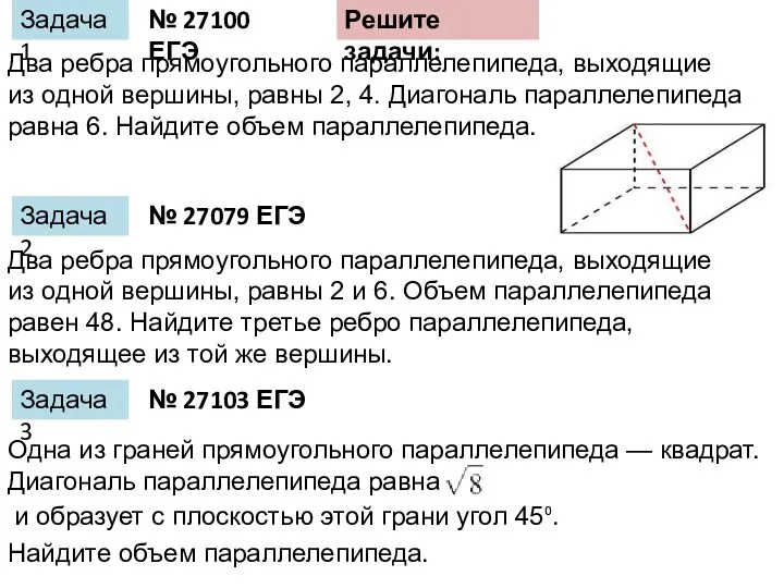 Задача 1 Задача 2 Два ребра прямоугольного параллелепипеда, выходящие из