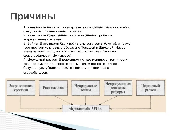 Причины 1. Увеличение налогов. Государство после Смуты пыталось всеми средствами