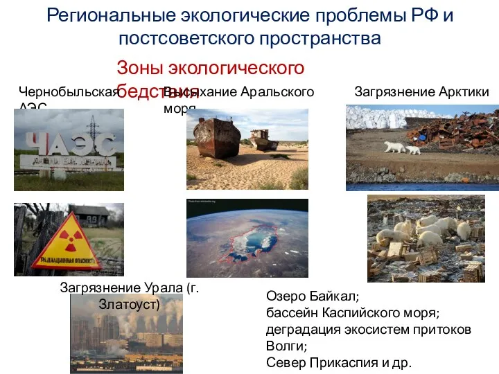 Региональные экологические проблемы РФ и постсоветского пространства Зоны экологического бедствия Чернобыльская АЭС Высыхание