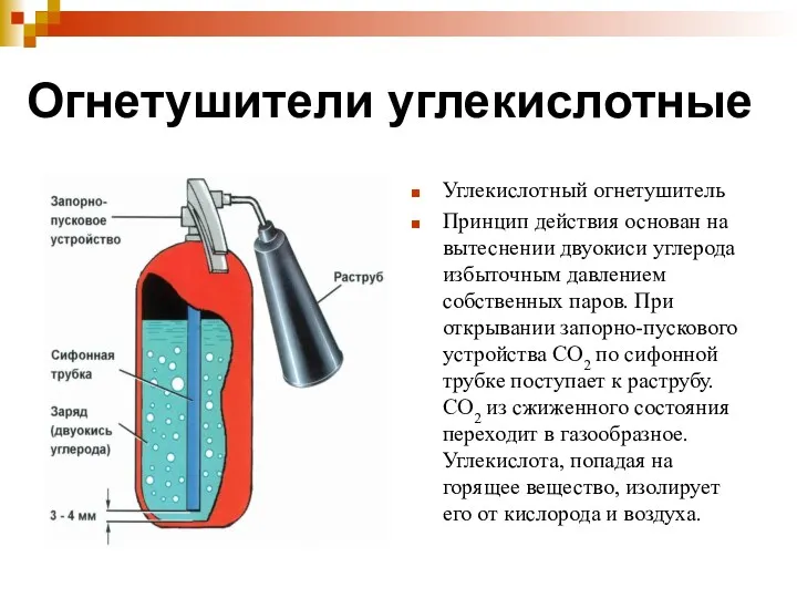 Огнетушители углекислотные Углекислотный огнетушитель Принцип действия основан на вытеснении двуокиси