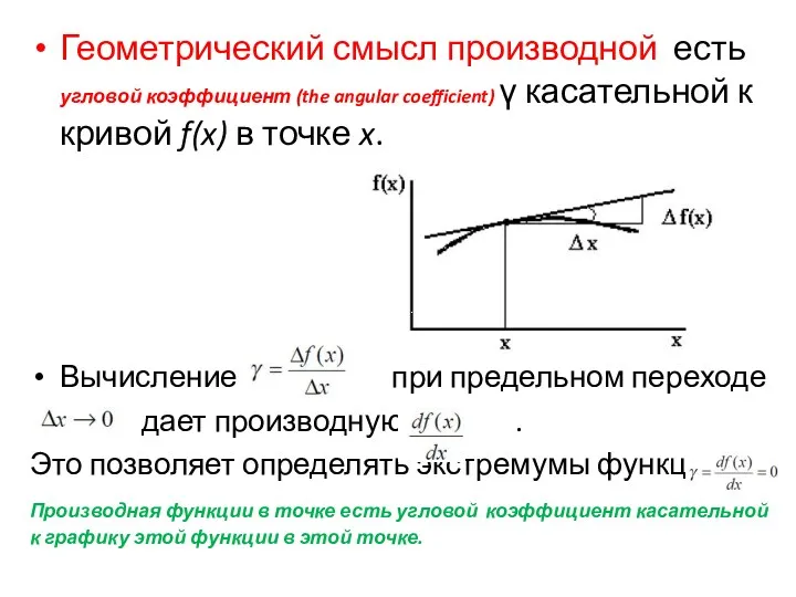 Геометрический смысл производной есть угловой коэффициент (the angular coefficient) γ касательной к кривой