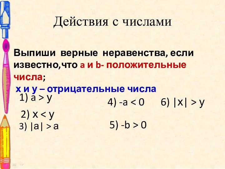 Действия с числами Выпиши верные неравенства, если известно,что a и