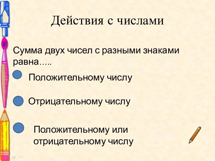 Действия с числами Сумма двух чисел с разными знаками равна…..