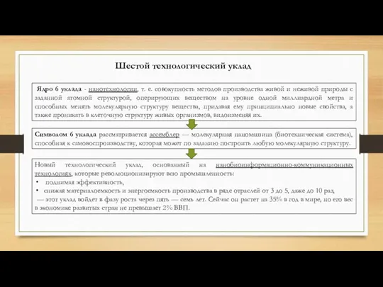 Шестой технологический уклад Ядро 6 уклада - нанотехнологии, т. е.