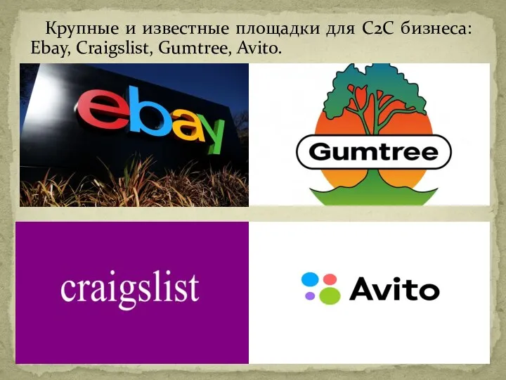 Крупные и известные площадки для C2C бизнеса: Ebay, Craigslist, Gumtree, Avito.
