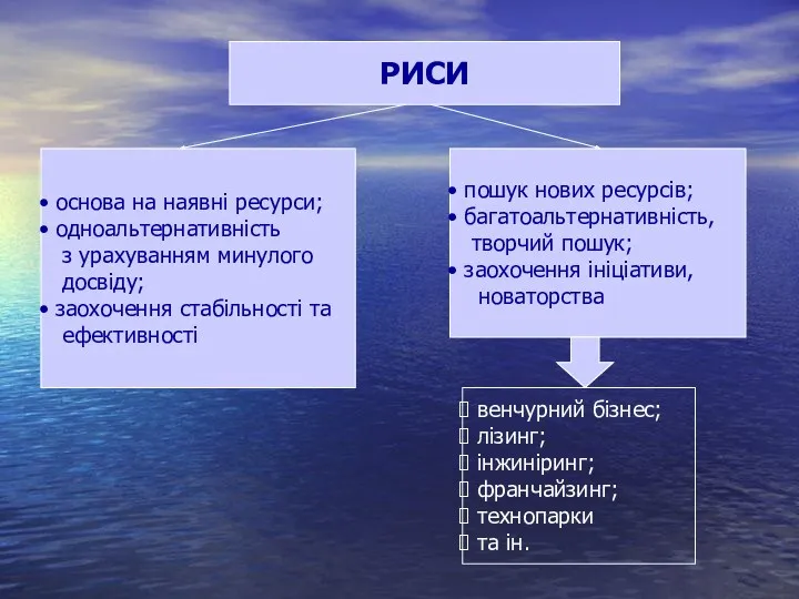 РИСИ основа на наявні ресурси; одноальтернативність з урахуванням минулого досвіду;