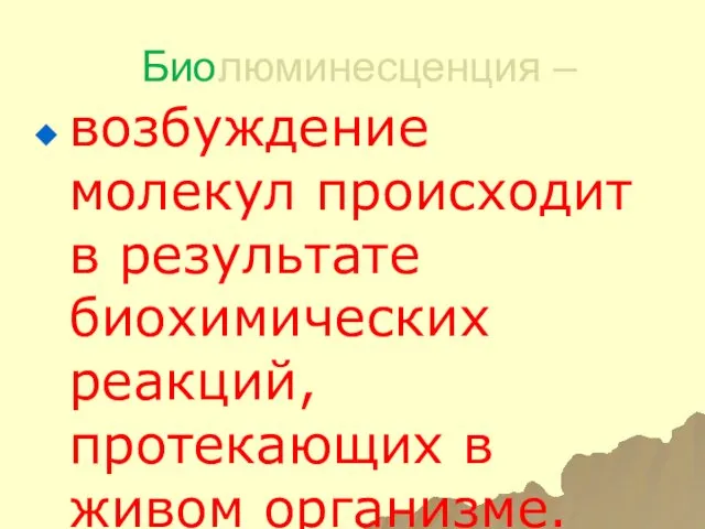 Биолюминесценция – возбуждение молекул происходит в результате биохимических реакций, протекающих в живом организме.