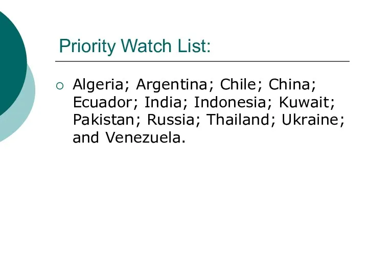 Priority Watch List: Algeria; Argentina; Chile; China; Ecuador; India; Indonesia;