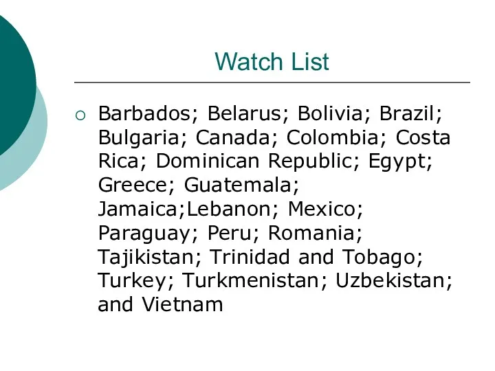 Watch List Barbados; Belarus; Bolivia; Brazil; Bulgaria; Canada; Colombia; Costa