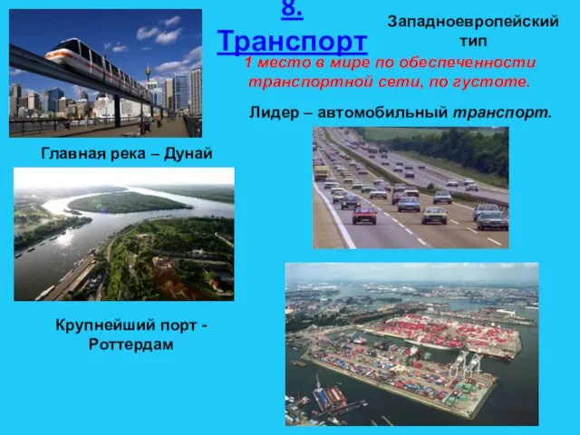 8.Транспорт Западноевропейский тип 1 место в мире по обеспеченности транспортной сети, по густоте.