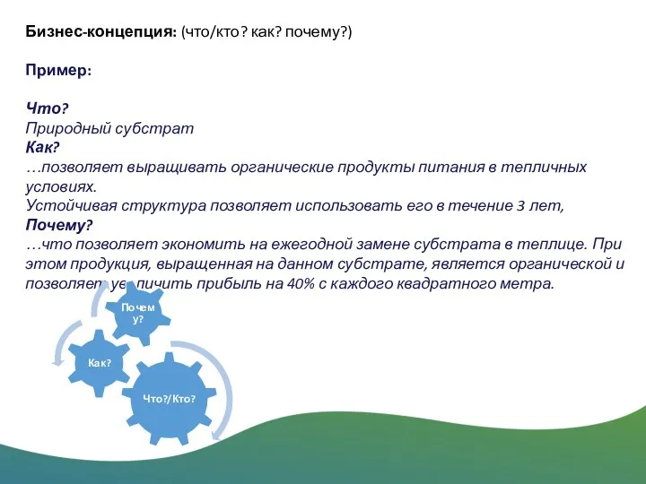 Бизнес-концепция: (что/кто? как? почему?) Пример: Что? Природный субстрат Как? …позволяет