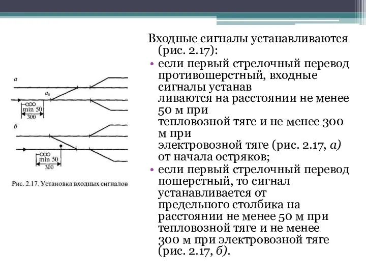 Входные сигналы устанавливаются (рис. 2.17): если первый стрелочный перевод противошерстный, входные сигналы устанав­