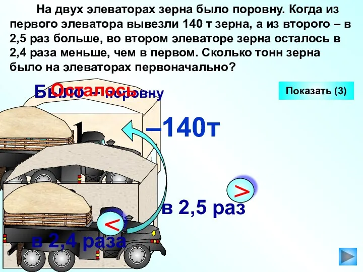 На двух элеваторах зерна было поровну. Когда из первого элеватора