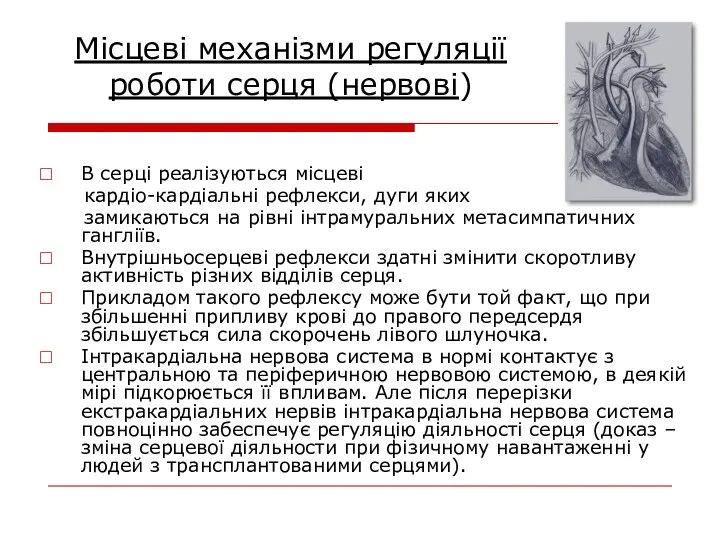 Місцеві механізми регуляції роботи серця (нервові) В серці реалізуються місцеві