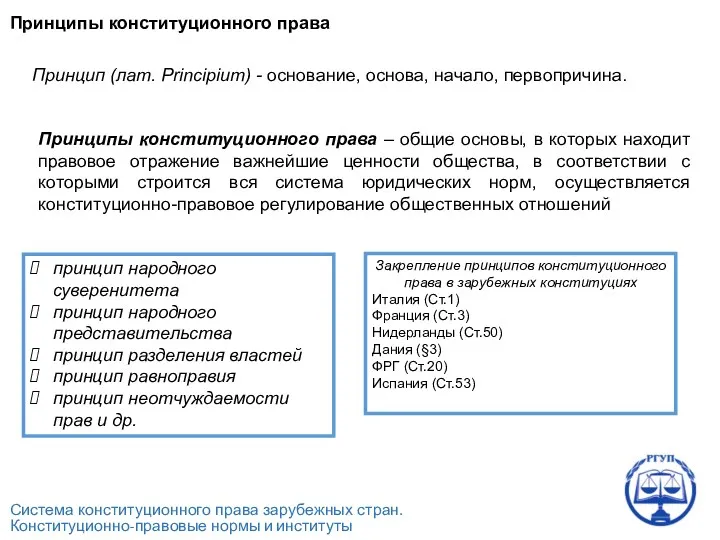 Система конституционного права зарубежных стран. Конституционно-правовые нормы и институты Принципы