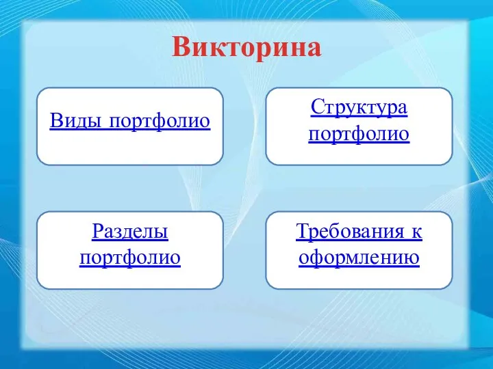 Викторина Виды портфолио Структура портфолио Разделы портфолио Требования к оформлению