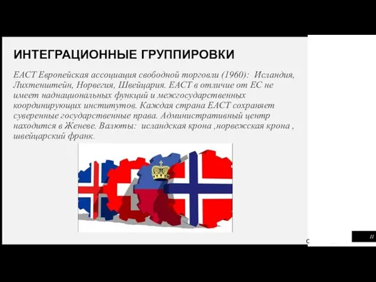 ИНТЕГРАЦИОННЫЕ ГРУППИРОВКИ ЕАСТ Европейская ассоциация свободной торговли (1960): Исландия, Лихтенштейн, Норвегия, Швейцария. ЕАСТ