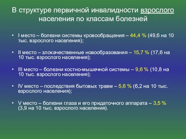 В структуре первичной инвалидности взрослого населения по классам болезней I