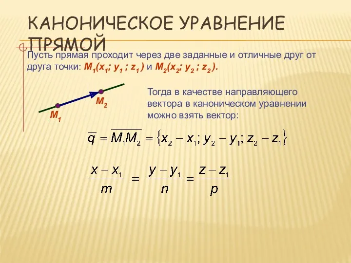 КАНОНИЧЕСКОЕ УРАВНЕНИЕ ПРЯМОЙ Пусть прямая проходит через две заданные и