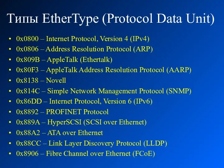 Типы EtherType (Protocol Data Unit) 0x0800 – Internet Protocol, Version 4 (IPv4) 0x0806